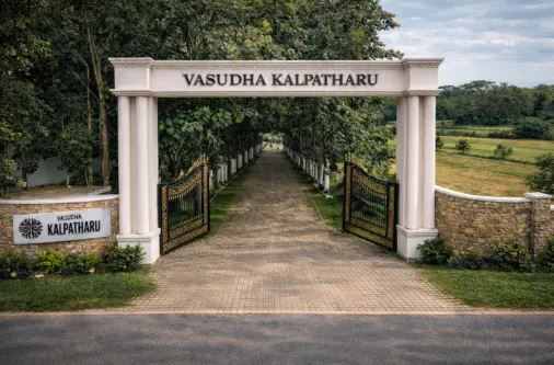Entrance arch of Vasudha Kalpatharu Farms, managed farmland project settipalli near Bangalore with secure gated access