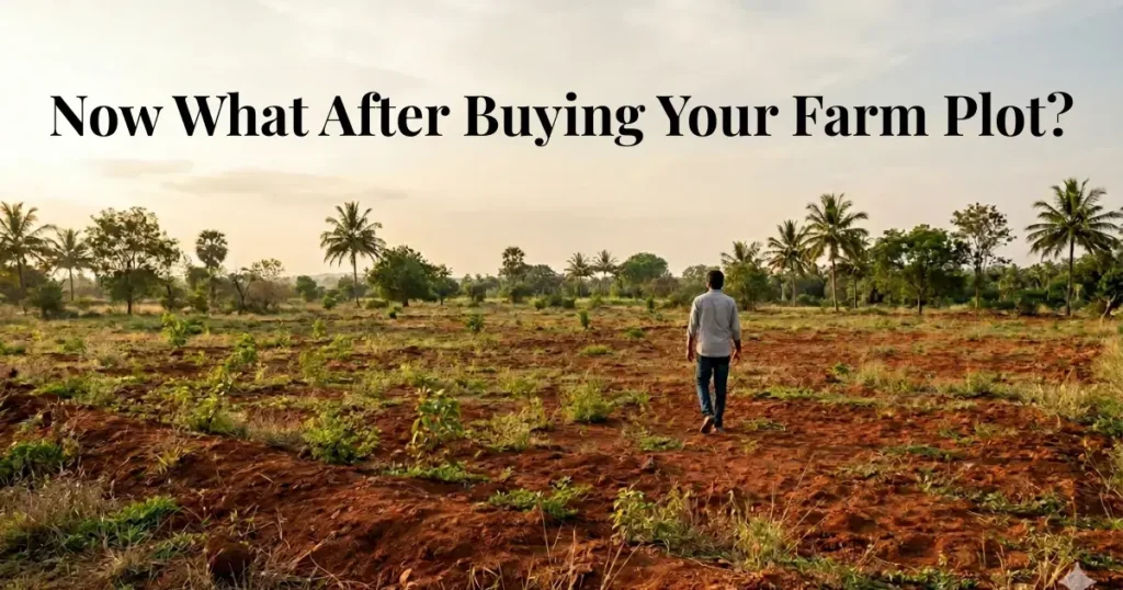 Person walking on farm plot near Bangalore exploring land after purchase with natural landscape.