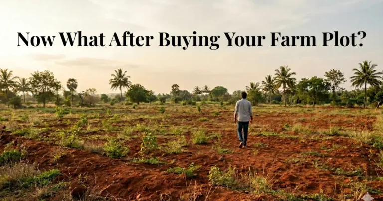 Person walking on farm plot near Bangalore exploring land after purchase with natural landscape.