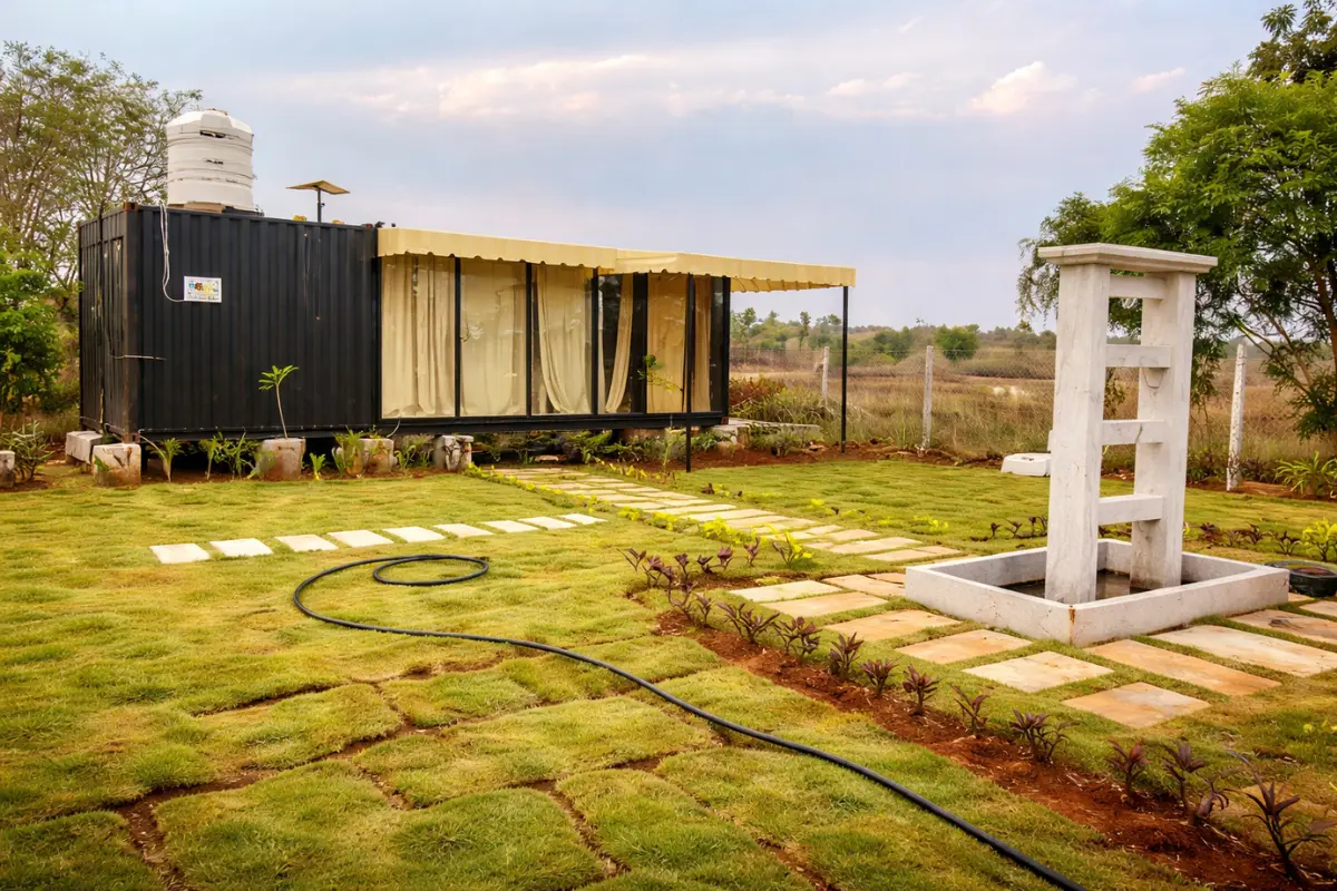 Modern farmhouse built on farm plot near Bangalore with garden and open space