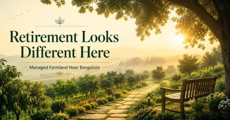 Retired couple lifestyle in managed farmland near Bangalore with orchard views, open space, and peaceful countryside surroundings.