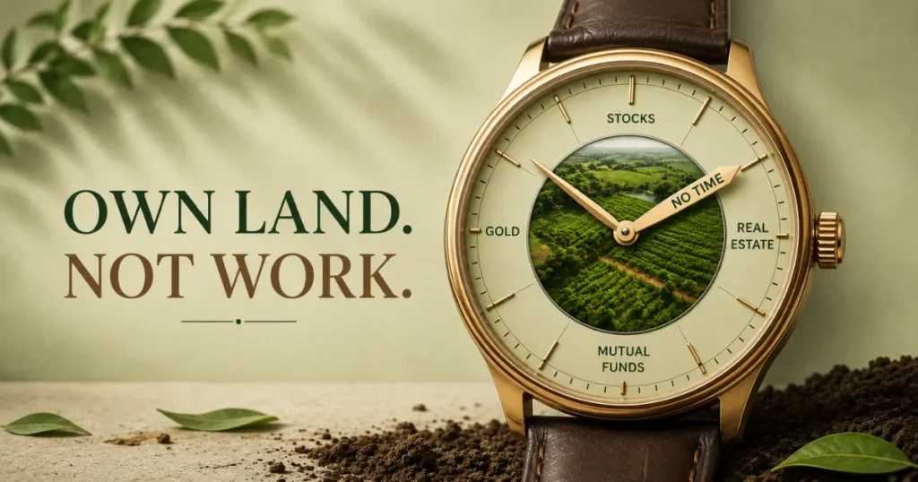 Premium farmland investment concept showing a luxury watch with a thriving orchard at its center against a sage green and soil-inspired background.