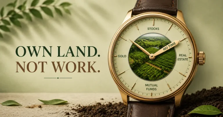 Premium farmland investment concept showing a luxury watch with a thriving orchard at its center against a sage green and soil-inspired background.